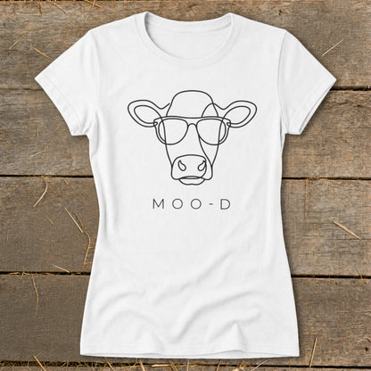 White t-shirt with line art cow wearing sunglasses and text "MOO-D".