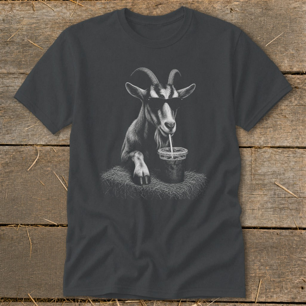 Charcoal t-shirt with a graphic of a goat wearing sunglasses drinking from a cup.