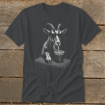 Charcoal t-shirt with a graphic of a goat wearing sunglasses drinking from a cup.
