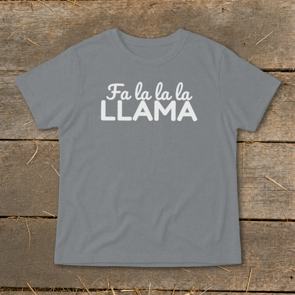Grey t-shirt with white text reading "Fa la la la LLAMA".