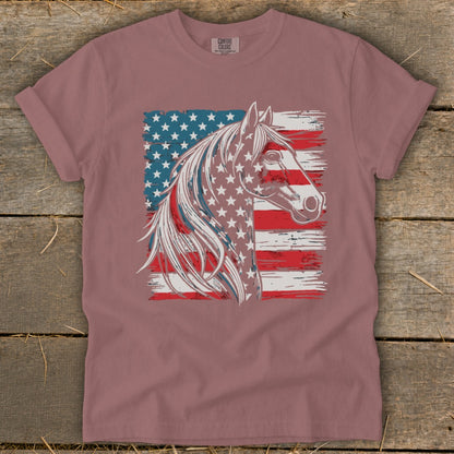 Horse head with American flag design on t-shirt.