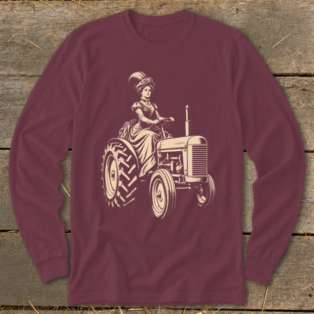 Vintage illustration of a woman in a long dress and feathered hat driving a tractor.