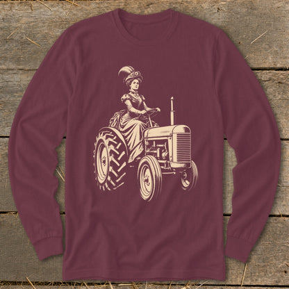 Vintage illustration of a woman in a long dress and feathered hat driving a tractor.