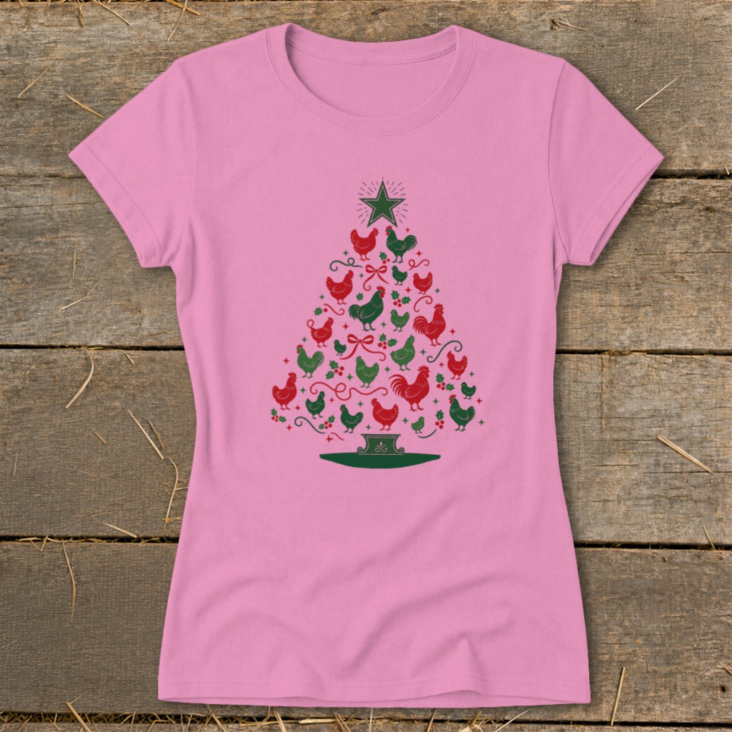 Pink t-shirt with a Christmas tree graphic made of red and green chickens.