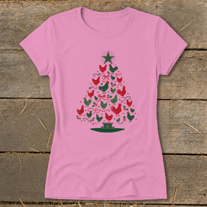 Pink t-shirt with a Christmas tree graphic made of red and green chickens.