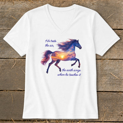 A white V-neck t-shirt featuring a graphic of a horse filled with a sunset sky and quote text.