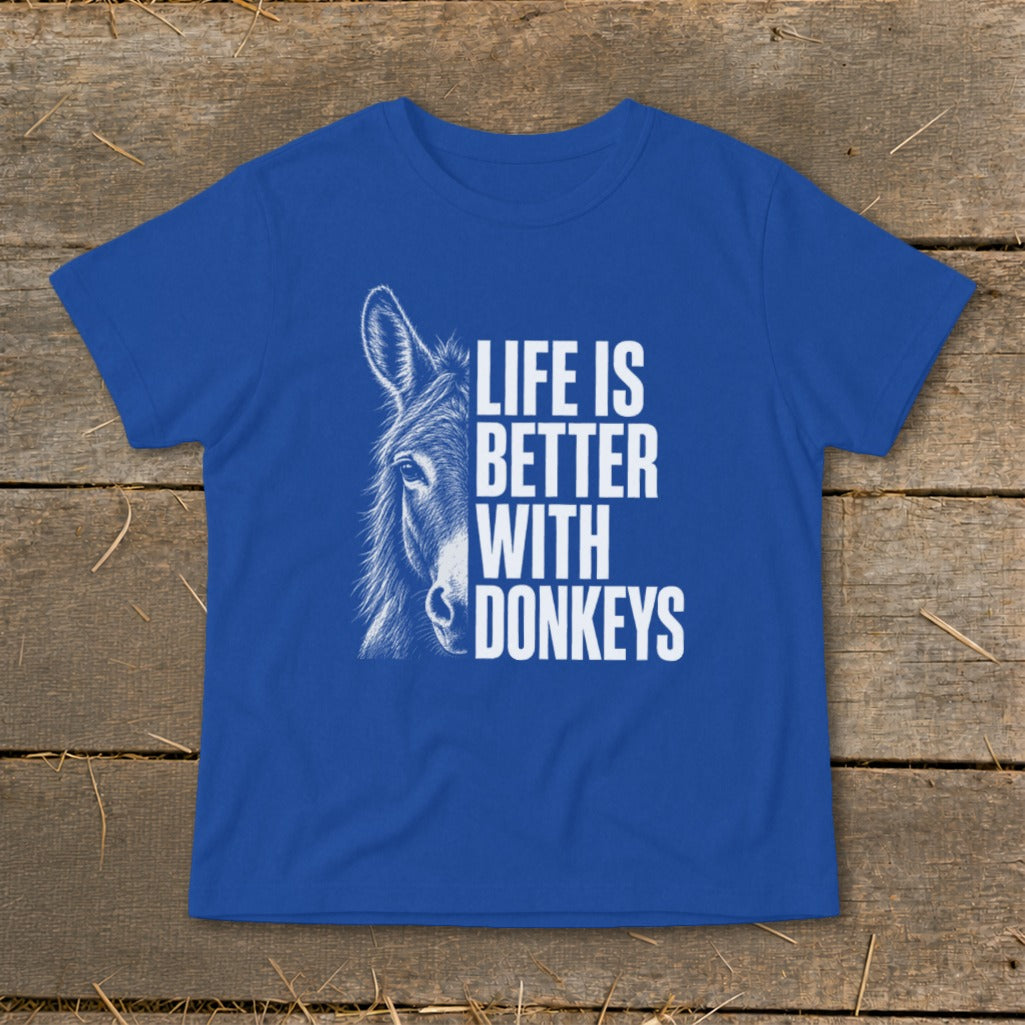 Royal blue short-sleeved t-shirt featuring a white graphic of a donkey face and text reading Life Is Better With Donkeys.