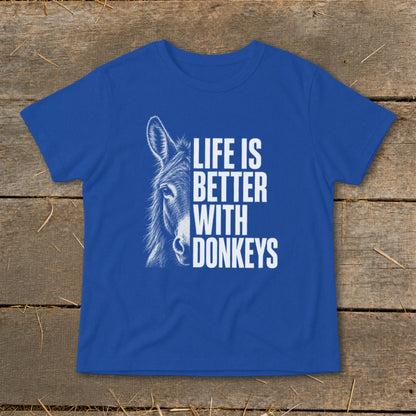 Royal blue short-sleeved t-shirt featuring a white graphic of a donkey face and text reading Life Is Better With Donkeys.