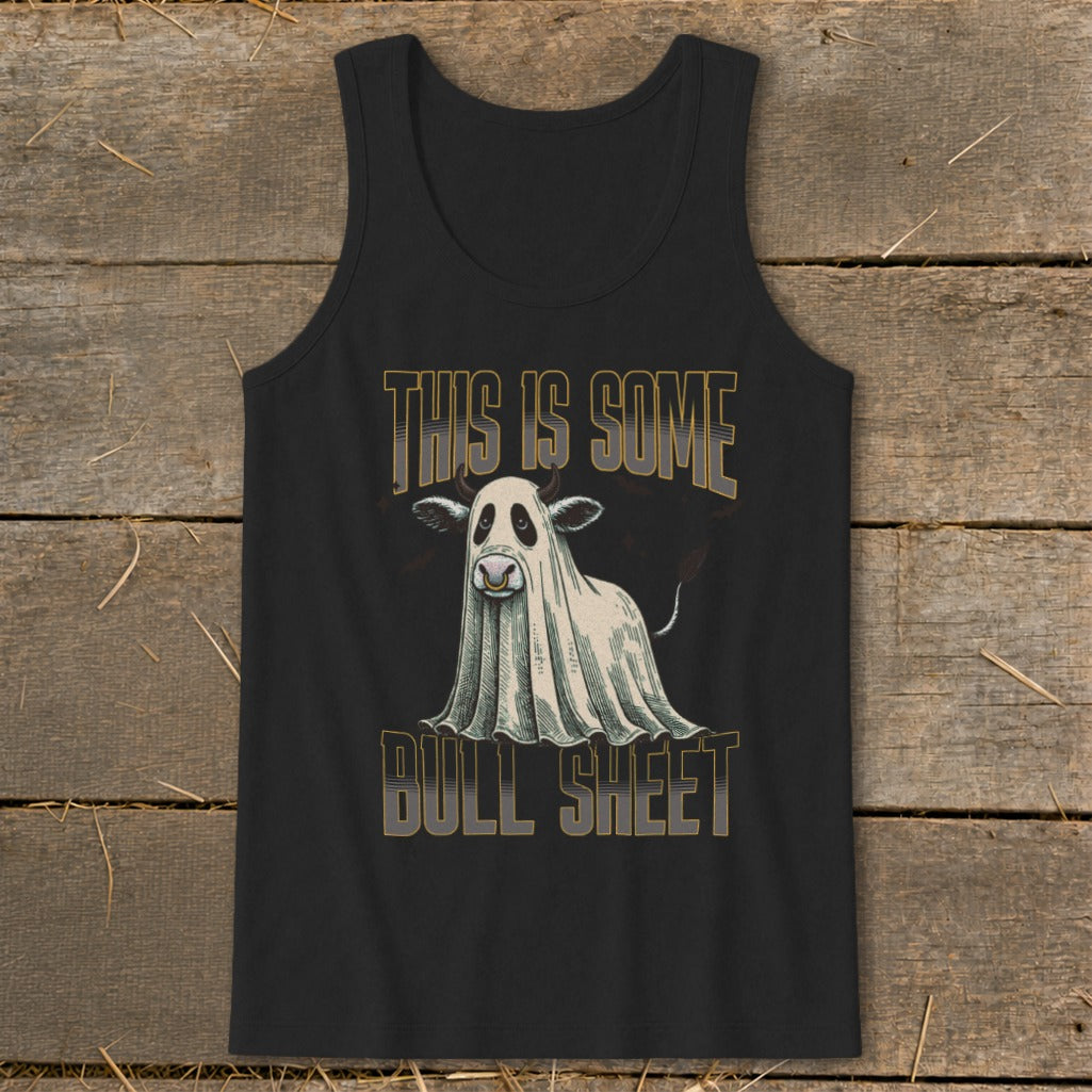 Black tank top with "THIS IS SOME BULL SHEET" text and ghost cow graphic.