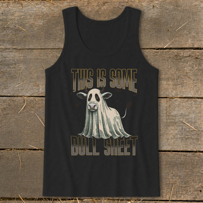 Black tank top with "THIS IS SOME BULL SHEET" text and ghost cow graphic.