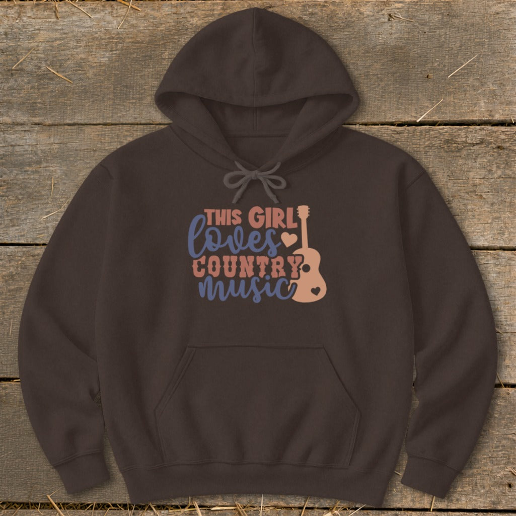 Brown hoodie with "This Girl Loves Country Music" text and guitar graphic.
