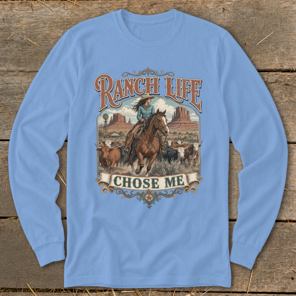Woman on horseback with cattle and desert landscape, "Ranch Life Chose Me".