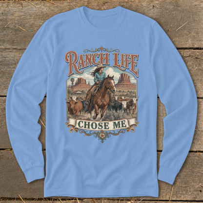 Woman on horseback with cattle and desert landscape, "Ranch Life Chose Me".