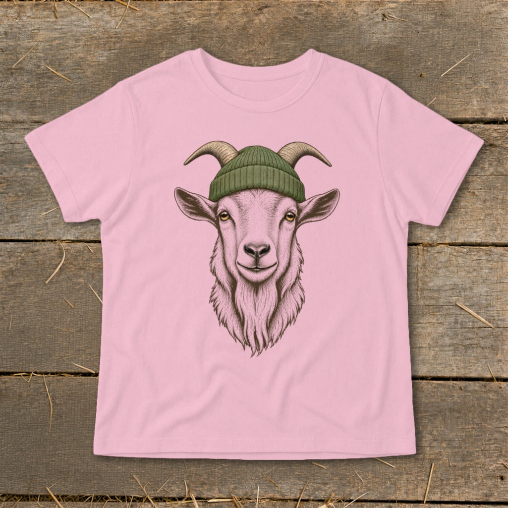 Pink t-shirt with a detailed drawing of a goat wearing a green beanie.