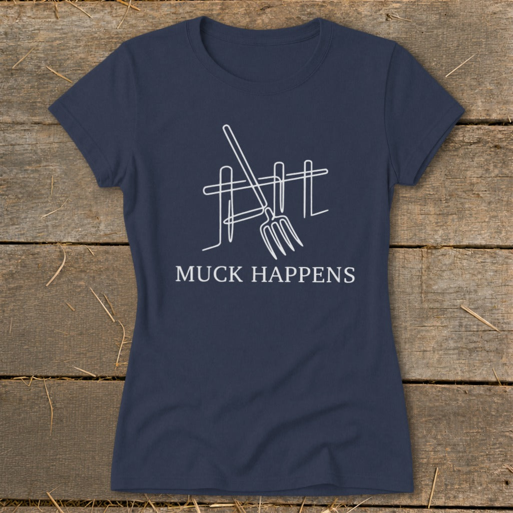 Navy t-shirt with white line art of a pitchfork and fence, and text "MUCK HAPPENS".