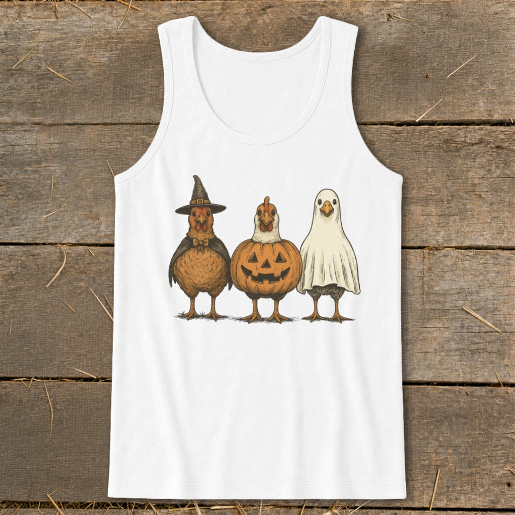Three cartoon chickens in Halloween costumes: witch, pumpkin, and ghost.