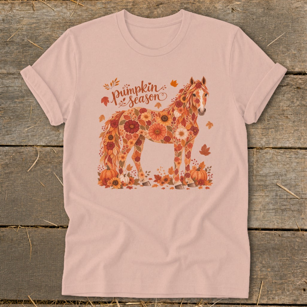 Pink t-shirt with a horse made of autumn flowers and pumpkins, "Pumpkin Season" text.