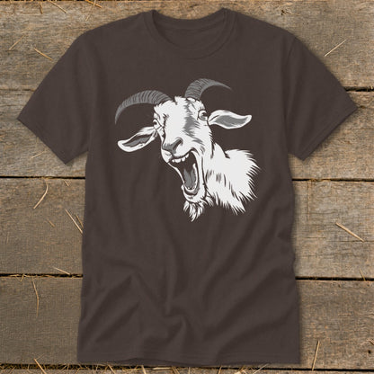 Brown t-shirt with a white, screaming goat graphic on the front.