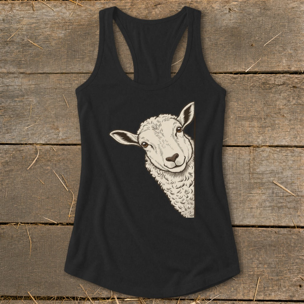 Black tank top with a drawing of a sheep peeking from the right side.