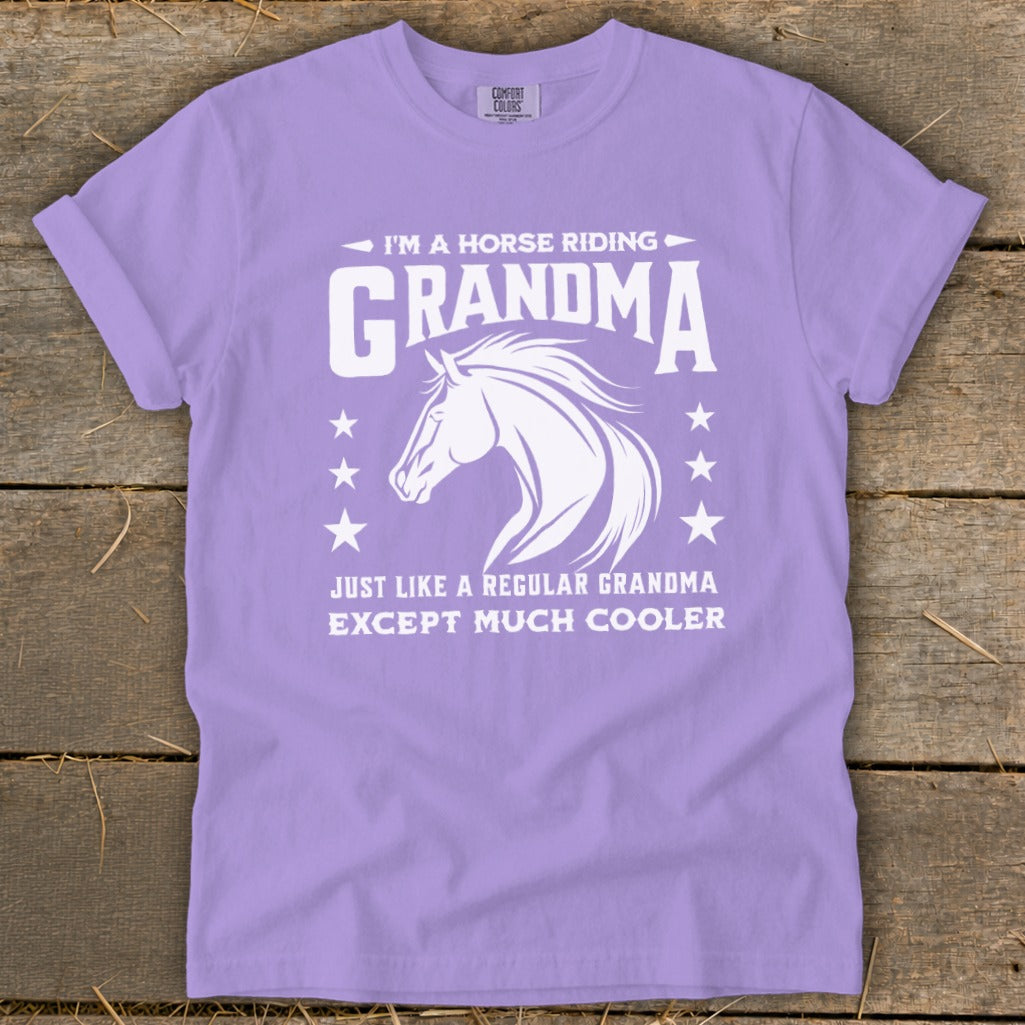 Purple t-shirt with white text: "I'm a Horse Riding Grandma. Just like a regular Grandma Except Much Cooler" and horse graphic.