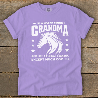 Purple t-shirt with white text: "I'm a Horse Riding Grandma. Just like a regular Grandma Except Much Cooler" and horse graphic.