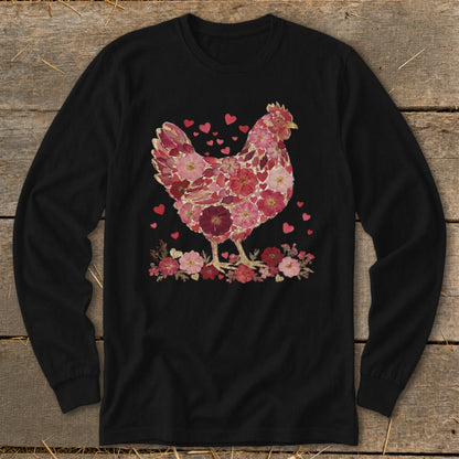 Black long-sleeve shirt with a pink floral and heart patterned chicken graphic.