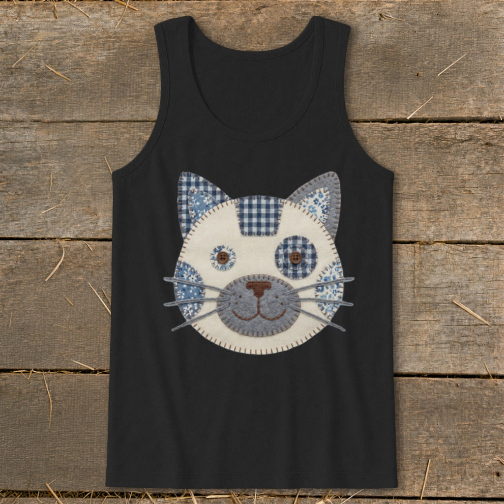Black tank top with a patchwork cat face applique on the chest.