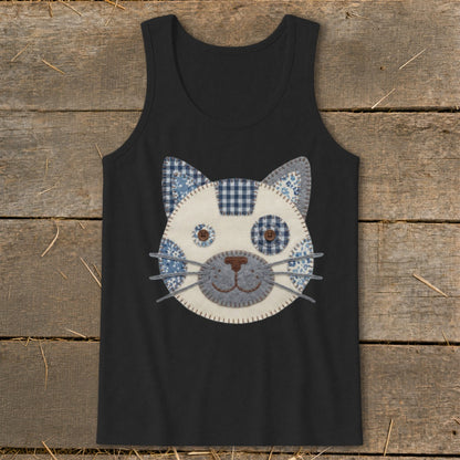 Black tank top with a patchwork cat face applique on the chest.