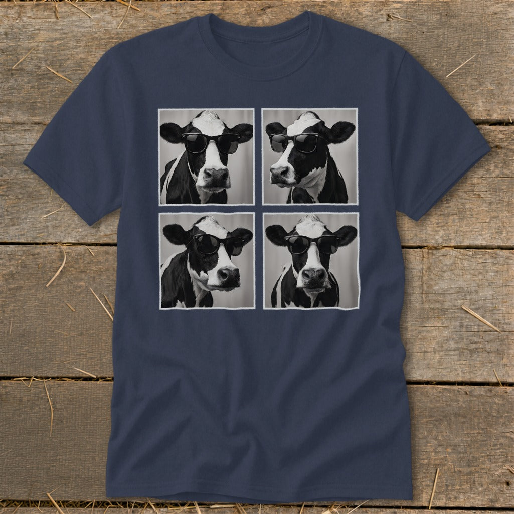 Four black and white cows wearing sunglasses are displayed in a four-panel grid.