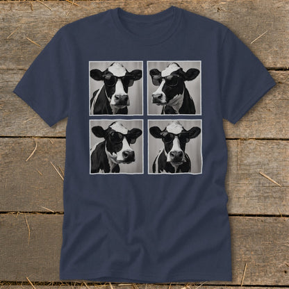 Four black and white cows wearing sunglasses are displayed in a four-panel grid.