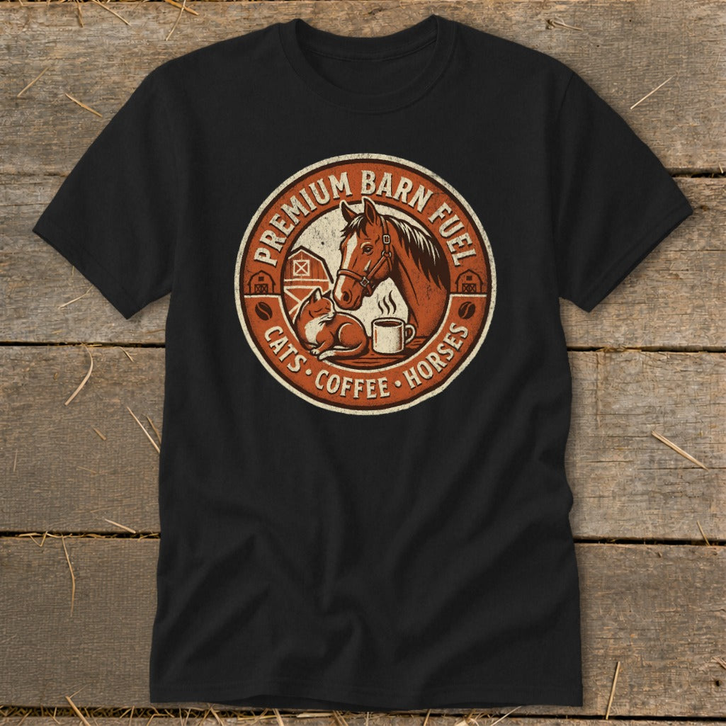Circular logo on black t-shirt reads "Premium Barn Fuel Cats Coffee Horses".