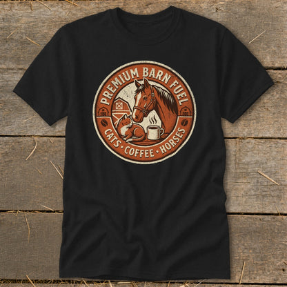 Circular logo on black t-shirt reads "Premium Barn Fuel Cats Coffee Horses".