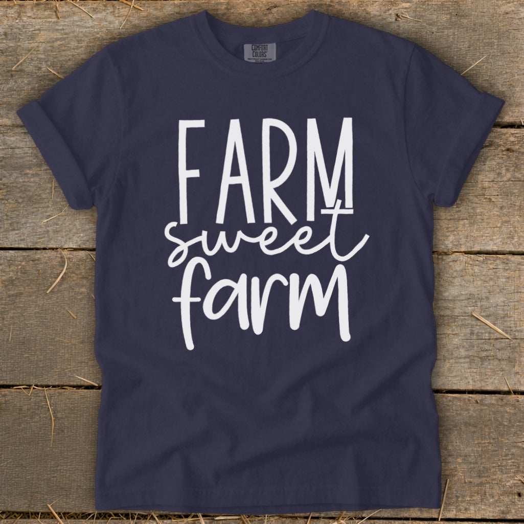 Navy blue t-shirt with white "FARM sweet farm" text.