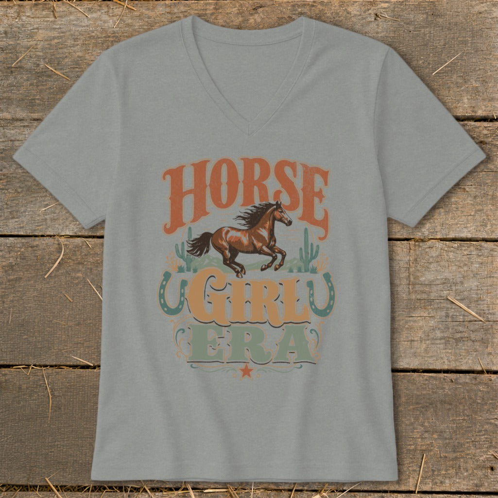 Gray t-shirt with "HORSE GIRL ERA" text, running horse, cacti, and horseshoes graphic.