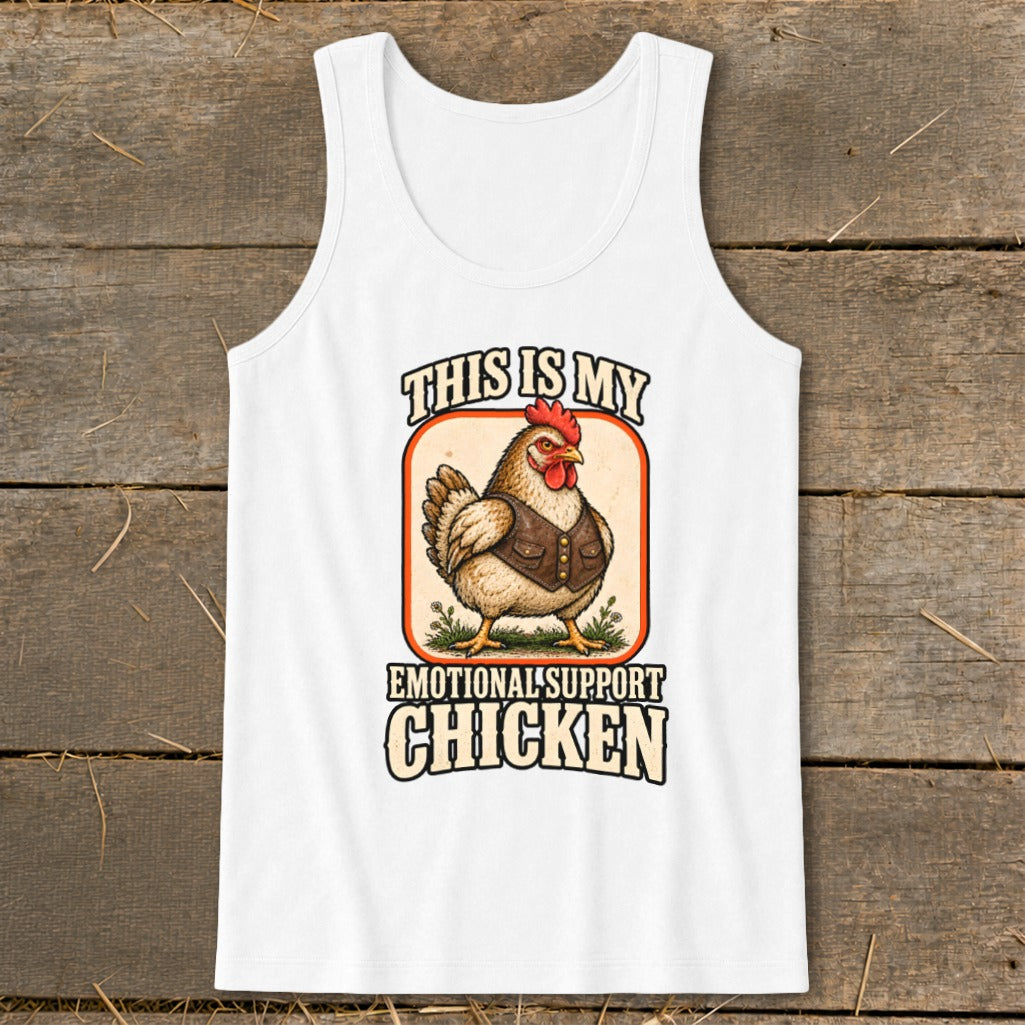 White tank top with a chicken graphic and text that reads "This Is My Emotional Support Chicken".