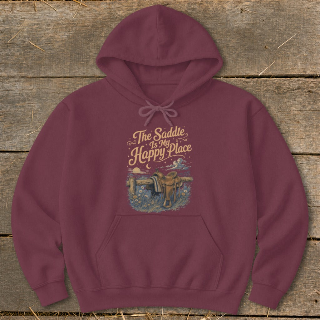 Maroon hoodie with "The Saddle is My Happy Place" graphic featuring a saddle and sunset.
