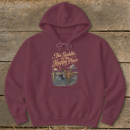 Maroon hoodie with "The Saddle is My Happy Place" graphic featuring a saddle and sunset.