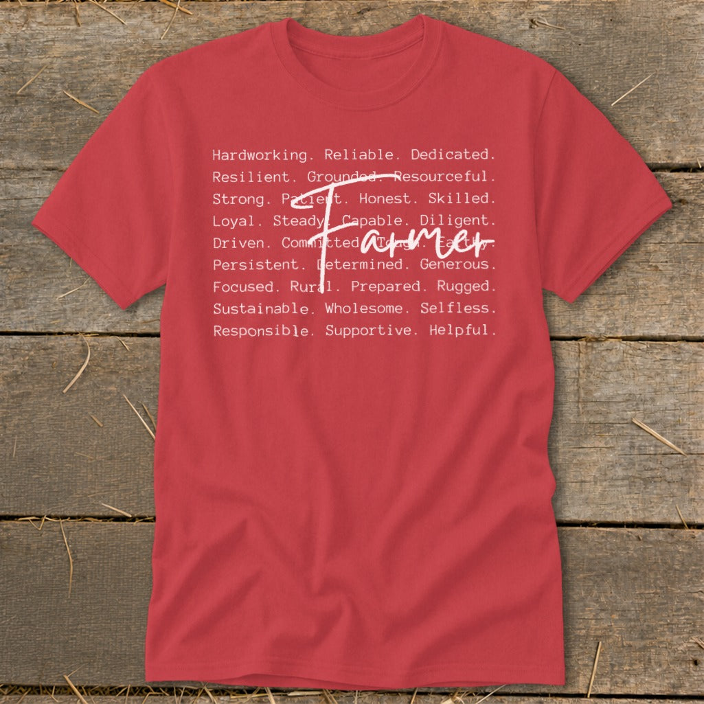 Red t-shirt with lists of traits describing "Farmer."