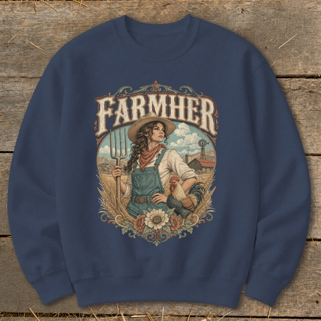Farmher text over woman with pitchfork, rooster, barn, and windmill.