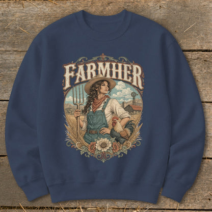 Farmher text over woman with pitchfork, rooster, barn, and windmill.