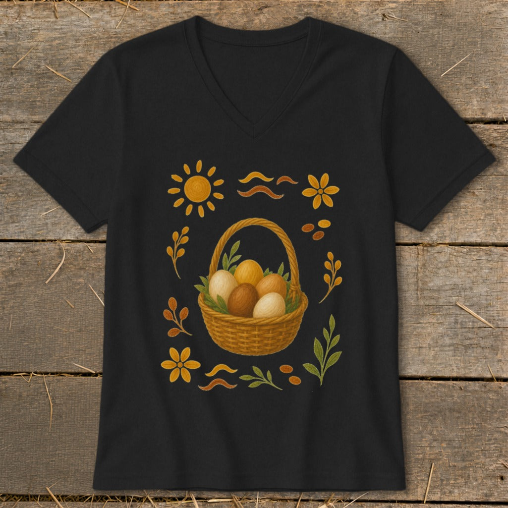 Black t-shirt with Easter basket filled with eggs and floral accents.