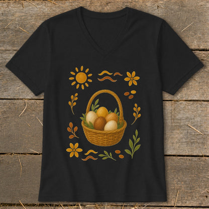 Black t-shirt with Easter basket filled with eggs and floral accents.