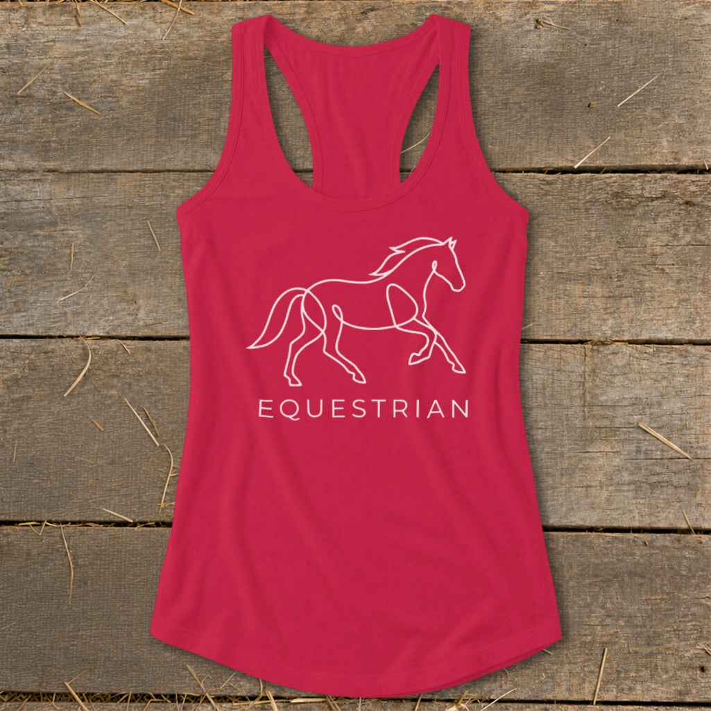 Red racerback tank top with white horse outline and "EQUESTRIAN" text.