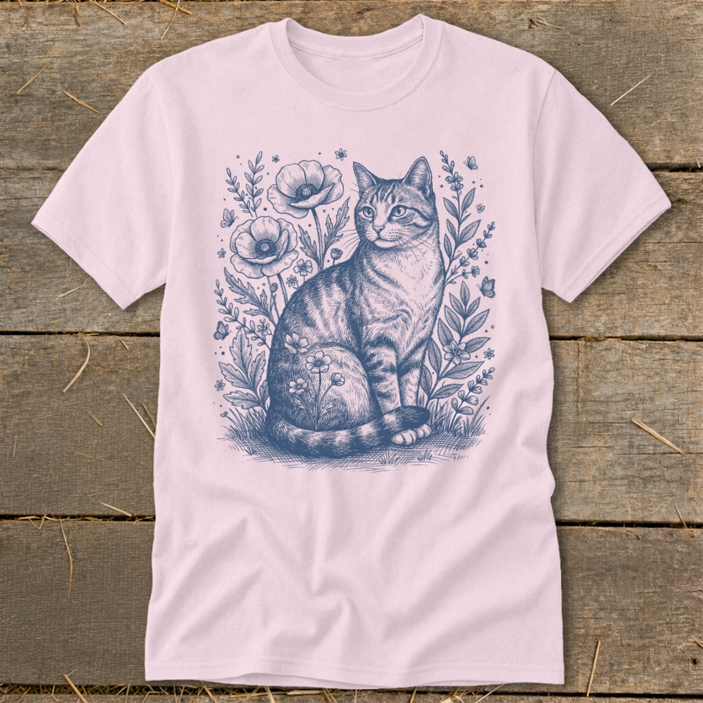 Pink t-shirt with a blue line drawing of a cat sitting in flowers.