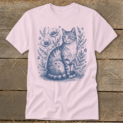Pink t-shirt with a blue line drawing of a cat sitting in flowers.