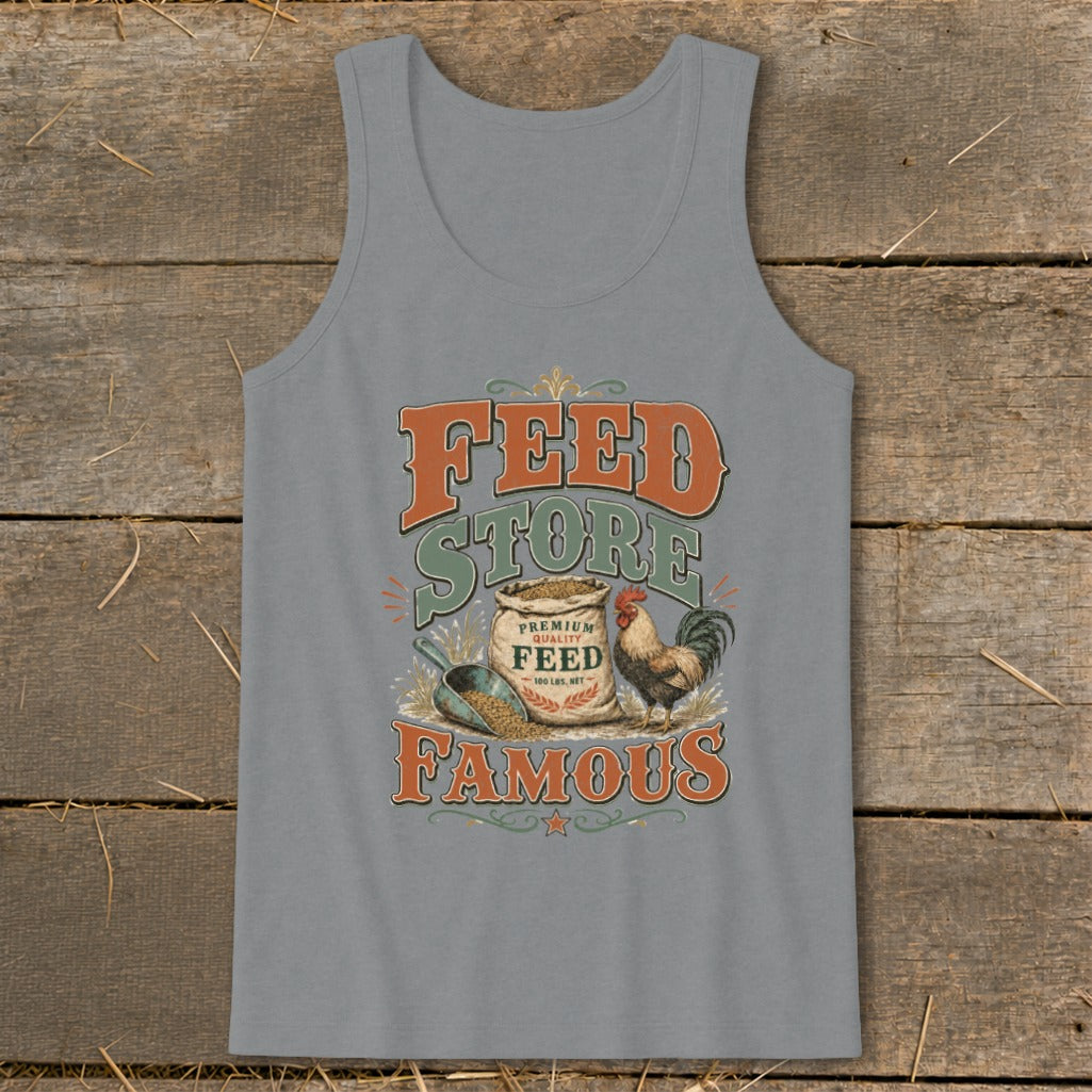 Tank top with "Feed Store Famous" text, a bag of feed, scoop, and rooster.