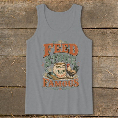 Tank top with "Feed Store Famous" text, a bag of feed, scoop, and rooster.