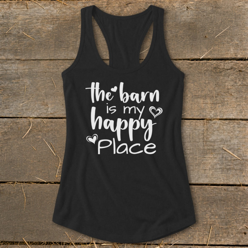 Black racerback tank top with white text "the barn is my happy place."
