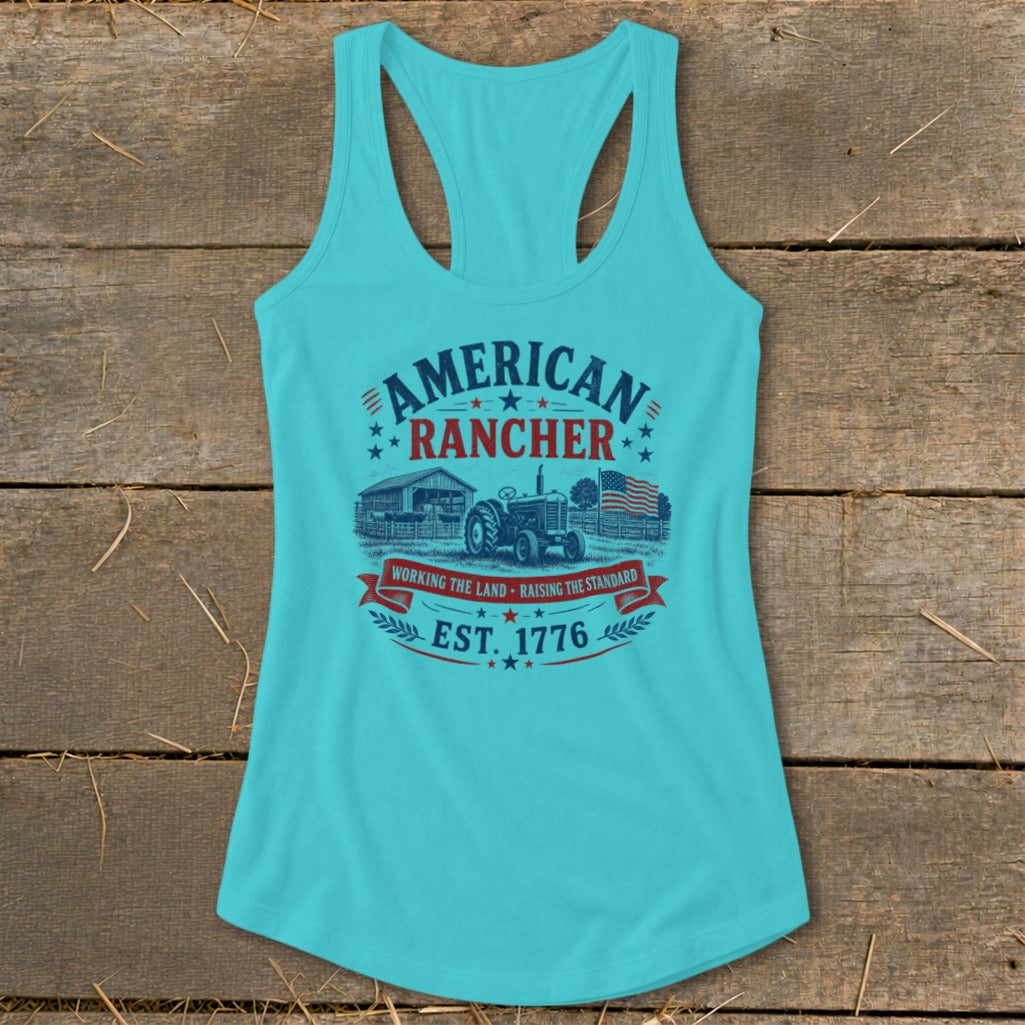 American Rancher graphic with tractor, barn, flag, and "Est. 1776".