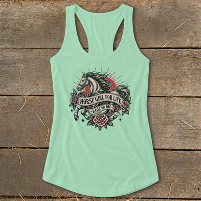Mint green tank top with a horse, roses, and text that reads "HORSE GIRL FOR LIFE RIDE OR DIE."